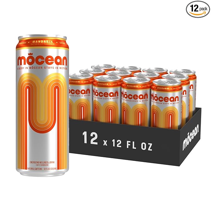 MŌCEAN Mandarin Energy Drink 12 fl oz (Pack of 12) Clean Adult Energy Drink with 130mg Caffeine Adaptogens &amp Minerals No Taurine No Sucralose No Candy Flavors