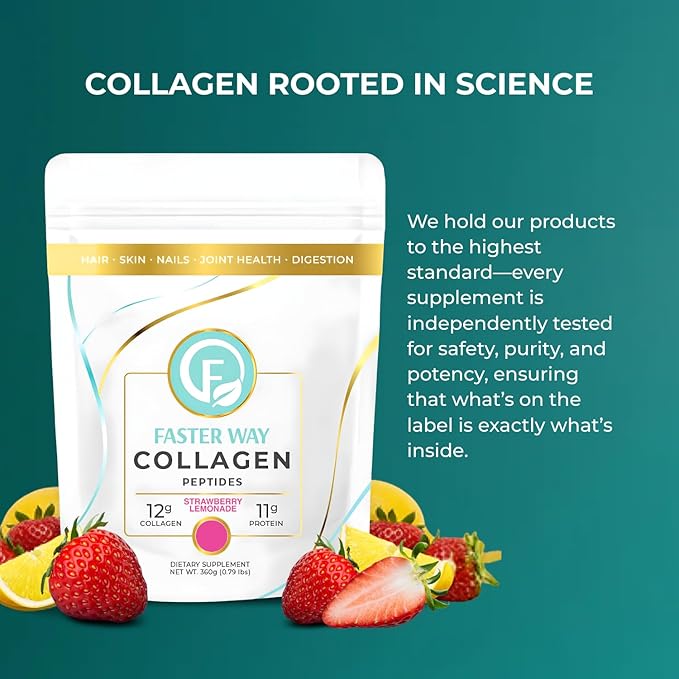 Faster Way - Collagen Peptides - 12g Hydrolyzed Collagen + 11g Protein Per Serving - Hair Skin &amp Nails - Amino Acids- Sugar Gluten &amp Dairy Free - Non-GMO - Strawberry Lemonade - 30 Servings