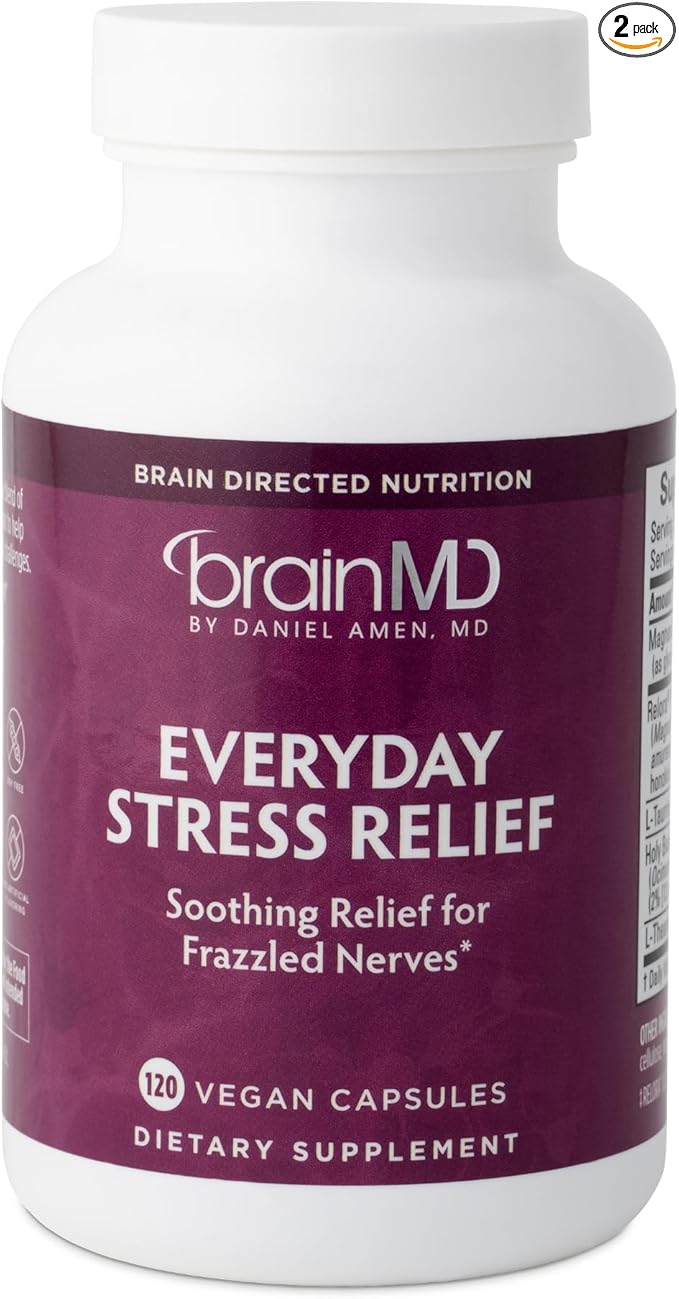 BRAINMD Dr Amen Everyday Stress Relief - 120 Capsules Pack of 2 - Promotes Relaxation &amp Focus - Non-Drowsy - Gluten Free - 60 Total Servings