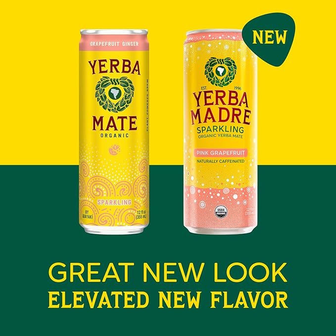 Yerba Madre Organic Sparkling Yerba Mate Pink Grapefruit 115mg Natural Plant Based Caffeine Smooth Energy &amp Focus Carbonated 12oz Cans (Pack of 12) (Packaging May Vary)