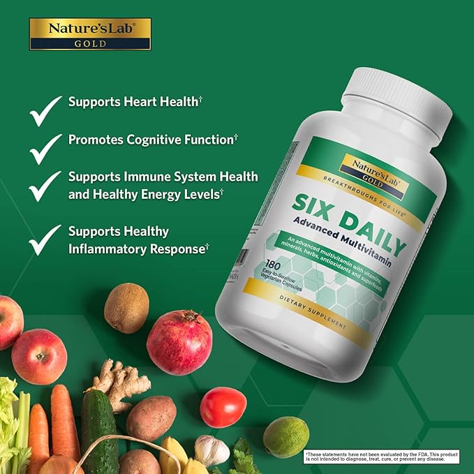 Nature's Lab Six Daily Advanced Multivitamin - Over 90 Nutrients Minerals Antioxidants Herbs &amp Whole Foods - 180 Capsules (30 Day Supply)