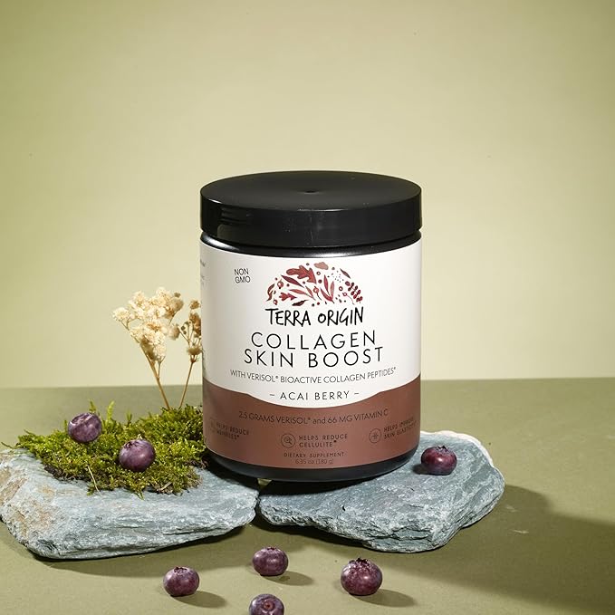 TERRA ORIGIN Collagen Hydrolyzed Peptide Powder | Supports Healthy Skin Hair and Nails | with Verisol and Vitamin C for Women and Men | Acai Berry