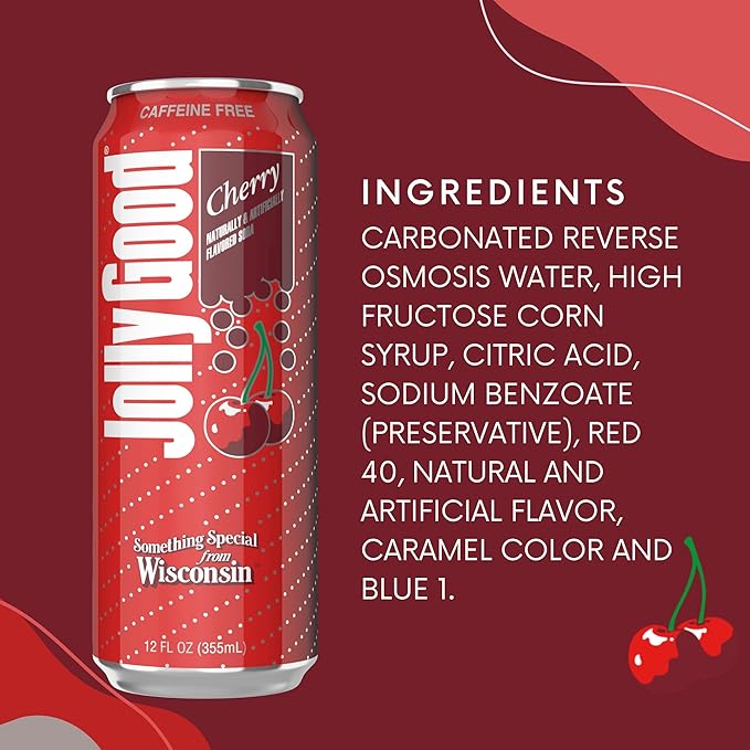 Jolly Good Cherry Craft Soda Flavored Soda Pop Drink Caffeine Free Soft Drinks for Adults &amp Kids Craft Soda for Mocktails &amp Cocktails Made in America Vegan12 Oz Cans 12 Pack