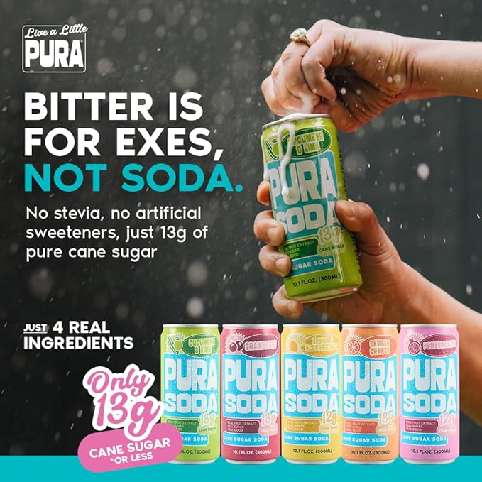 PuraSoda® Cranberry | 65 Calories &amp 13g Pure Cane Sugar per Can | Non-GMO Vegan | Made with Pure Cane Sugar Clean &amp Refreshing | 10 fl oz (300ml) Cans Pack of 24