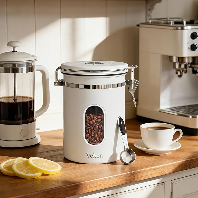 Veken Coffee Canister with Window Easter Gifts Airtight Stainless Steel Container with Lids Home Kitchen Food Storage Jars for Grounds Beans Tea Flour Cereal Sugar Basket Scoop 22OZ White