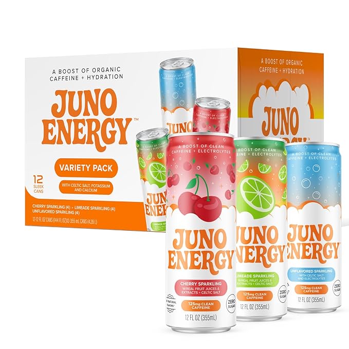 JUNO ENERGY Variety Pack - Sugar Free Electrolytes 125mg Organic Caffeine from Green Coffee Beans Hydrating with Stevia Sweetener Organic Lime &amp Cherry Juice - Vegan Gluten Free 12 Pack