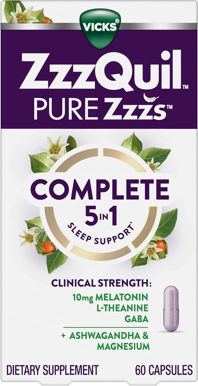 ZzzQuil Pure Zzzs Complete Sleep Melatonin 10mg L-Theanine GABA with Ashwagandha and Magnesium Melatonin Sleep Aid 60 Count