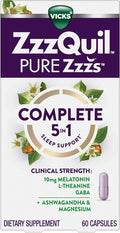 ZzzQuil Pure Zzzs Complete Sleep Melatonin 10mg L-Theanine GABA with Ashwagandha and Magnesium Melatonin Sleep Aid 60 Count