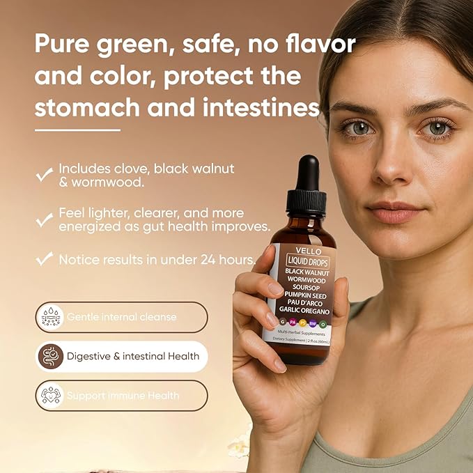 Vello Black Walnut Wormwood Gut Cleanse Wormwood Black Walnut Clove Drops with Garlic Oregano Soursop Pau D'arco Pumpkin Seed Extracts Support Gut &amp Digestion Balance Improve Energy (2)