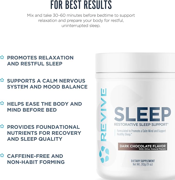 Revive MD Melatonin-Free Sleep Support Supplement for Adults Dark Chocolate - Natural Sleep Aid Supplements with Magnesium (Glycinate) Inositol &amp L-Theanine for Deep Relaxation (30 Servings)