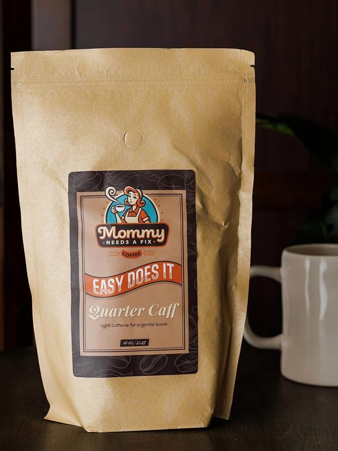 Mommy Needs A Fix Quarter Caff Ground Coffee | 100% All Natural Arabica Beans | Medium Roast | Chemical Free Swiss Water Process | Pregnancy &amp Breastfeeding Friendly | Roasted in the USA | 1 lb