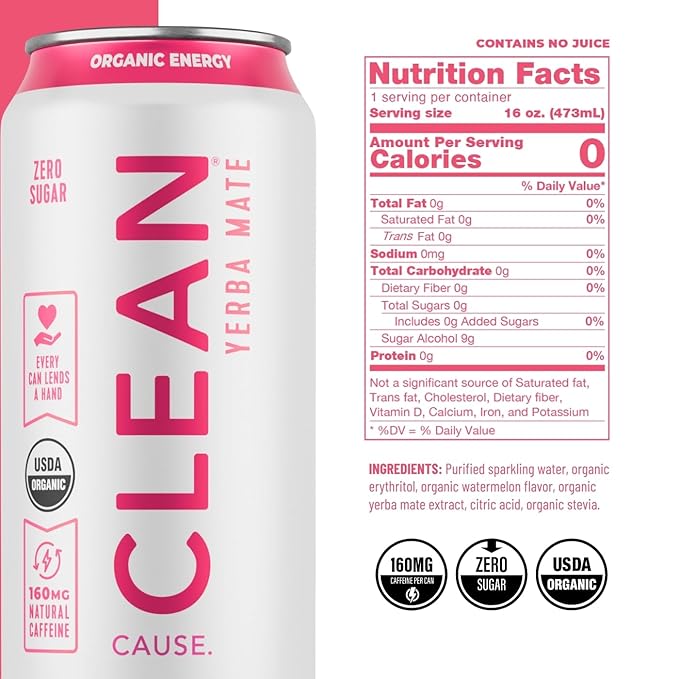 CLEAN Cause Zero Sugar Variety Pack Yerba Mate Tea Sparkling USDA Organic Energy Drink Alternative Zero Calorie 160mg Natural Caffeine Soda Alternative Plant-Based (16oz cans 12-Pack Case 3 Fla
