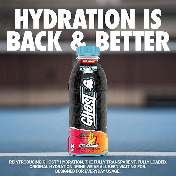 GHOST Hydration Drink Strawbango - RTD Sports Drink with Electrolytes Natural Vitamins &amp Minerals - All Day Lifestyle Hydration Beverage - Zero Caffeine &amp Zero Sugars - 16.9 Fl Oz 12 Pack