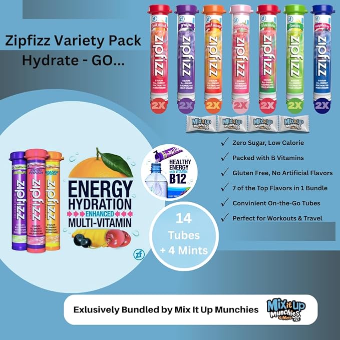 Zipp Hydration Variety Pack - 7 Top Flavors 14 Tubes - Sugar Free Electrolytes Powder Packets for Instant Hydration Travel Essentials + 4 MIMM MInts | Bundled by Mix It Up Munchies | Healthy Gift Box