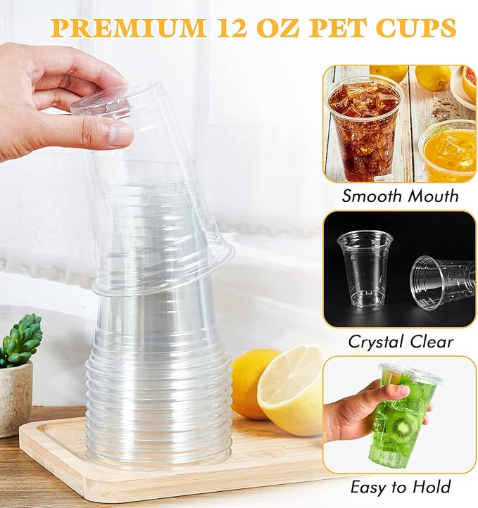 Vplus 200 Pack 12 OZ PET Clear Plastic Cups with Lids 12 OZ Crystal Cold Disposable Drinking Plastic Cups with Flat Lids Perfect for Ice Coffee Smoothie Juice