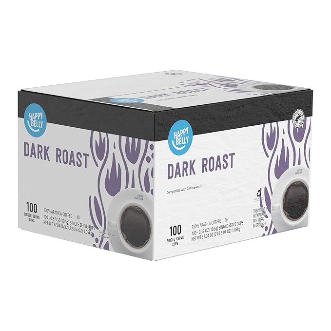 Amazon Brand - Happy Belly Dark Roast Coffee Pods Compatible with Keurig 2.0 K-Cup Brewers 100 Count
