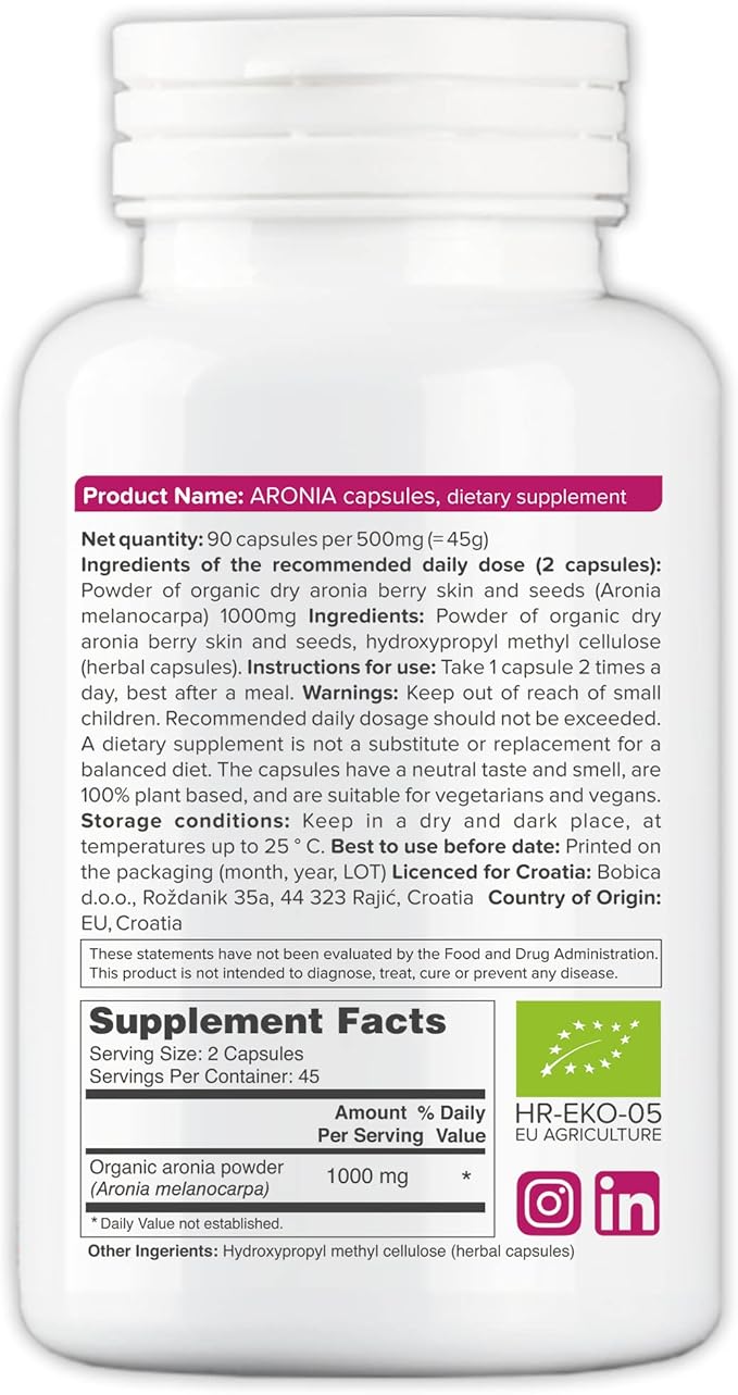 Organic Aronia Berry Capsules – Black Chokeberry Supplement with Natural Anthocyanins &amp Polyphenols – Supports Immune System – from Aronia Berries Powder – Non-GMO – 500mg 90 Vegan Capsules