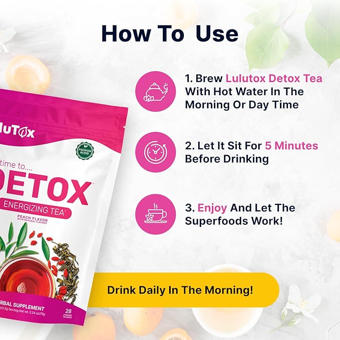LULUTOX Detox Tea - Slimming Tea with Dandelion and Ginseng to Support Goals for Detox Cleanse Flat Belly Bloating Healthy Weight and Digestive Health - Women &amp Men - Peach Flavor (28 Servings)