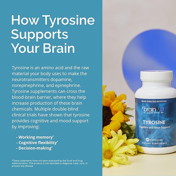 BRAINMD Dr Amen Tyrosine - 120 Capsules - Promotes Mental Focus Clarity &amp Alertness - Gluten Free - 60 Servings