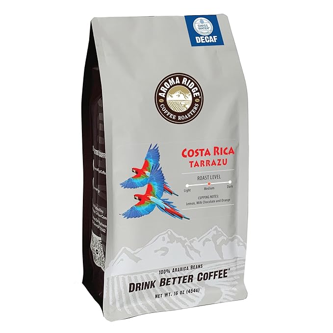 Tarrazu Costa Rica Swiss Water Process Decaf Whole Bean Coffee by Aroma Ridge | 16oz Medium Roast Gourmet Coffee Beans | Full Bodied Roasted Coffee Beans With a Nutty-Sweet Aftertaste