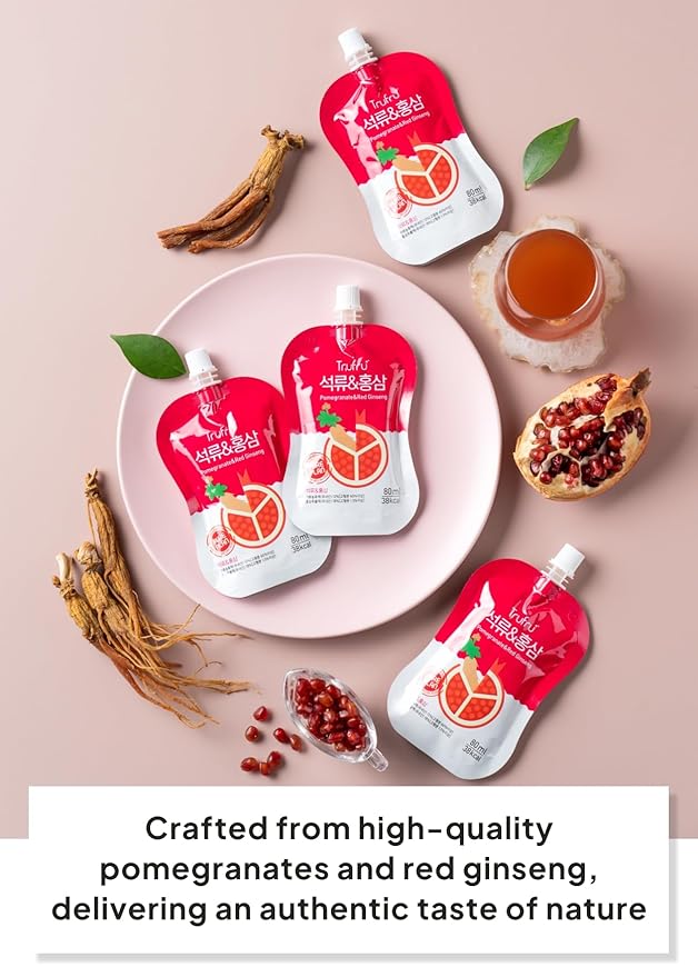 Korean Food Trufru Pomegranate &amp Red Ginseng Essence - All-Natural Zesty Vitality Shot Tart &amp Tangy Morning Boost 15 Individual Pouches (2.7 fl oz Each)