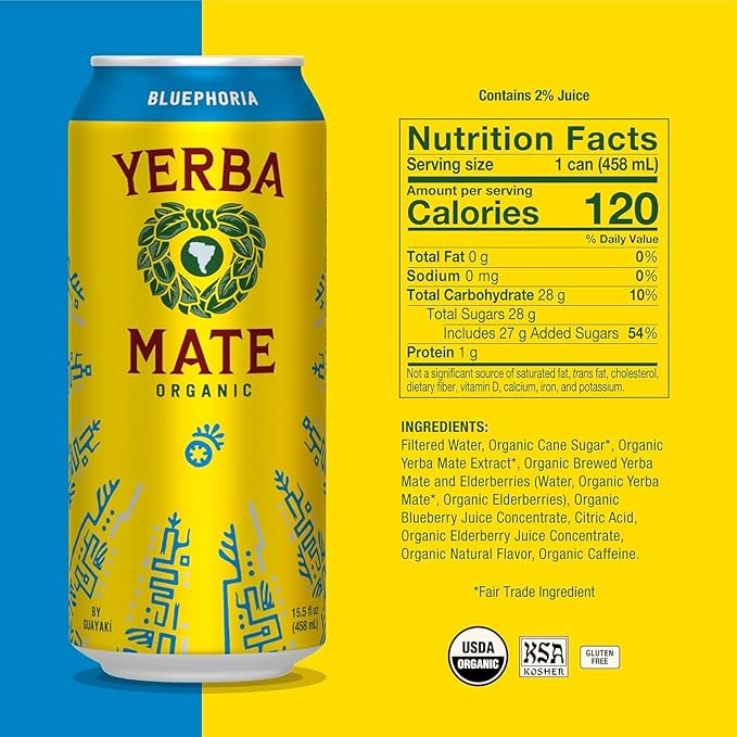 Yerba Madre Organic Yerba Mate Clean Energy Drink Alternative Bundle Bluephoria &amp Awakening Orange Flavors 15.5 Oz (Pack of 24) 150mg Natural Caffeine Smooth Energy &amp Focus