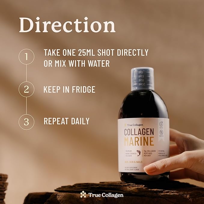 True Collagen Marine | 11000 mg Hydrolyzed Collagen Liquid Supplement - 2 x 500 ml (1000 ml) 40 Day Supply | Hyaluronic Acid Biotin and Vitamin C for Healthy Hair Skin and Nails | Sugar-Free