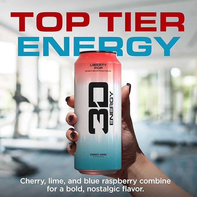 3D Energy Drink – Sugar Free 200mg Caffeine Pre Workout Taurine L-Carnitine Lightly Carbonated 16oz Cans 12 Pack - Liberty Pop