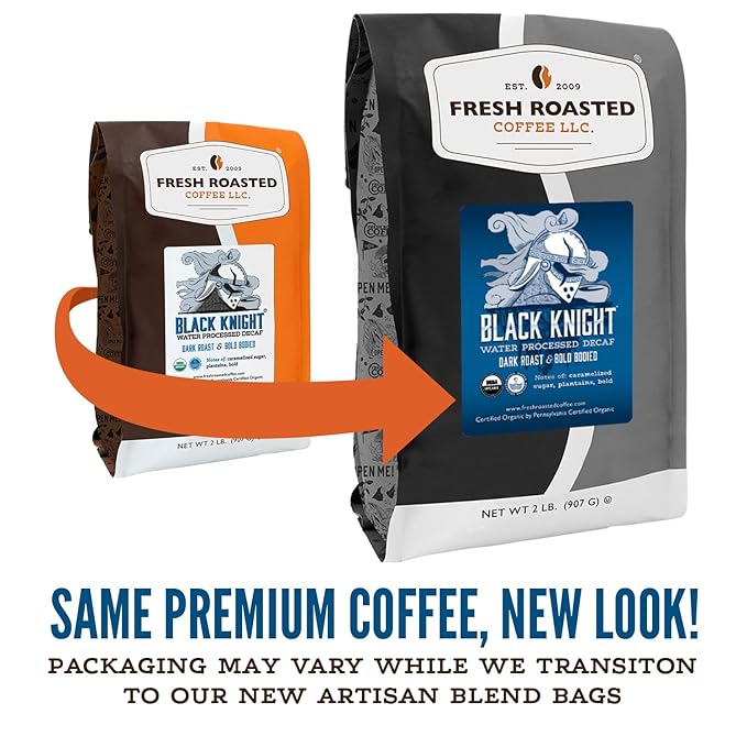Fresh Roasted Coffee Organic Black Knight Water-Processed Decaf | USDA Organic Kosher | Dark Roast 5 lb (80 oz) Whole Bean