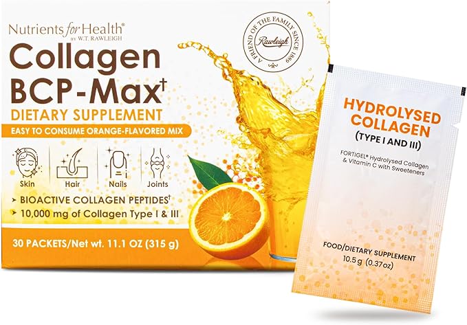 Rawleigh Collagen BCP-Max: 30 Travel Friendly Sachets - Delicious Orange-Flavoured Concentrate 10000mg of Hydrolysed Types I &amp III Collagen Peptides Vitamin C for Hair Skin Nails Muscles GMO-