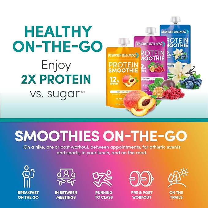 Designer Wellness Protein Smoothie Real Fruit 12g Protein Low Carb Zero Added Sugar Gluten-Free Non-GMO No Artificial Colors or Flavors Super Fruits Variety Pack 12 Count