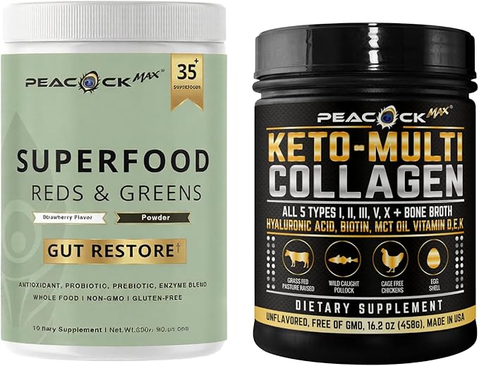 Keto Multi Collagen Protein Powder 16.2 oz &amp Superfood Reds &amp Greens Powder 11.64 oz Bundle Supports Gut Health Joints Skin Immunity Antioxidants Vegan &amp Non-GMO