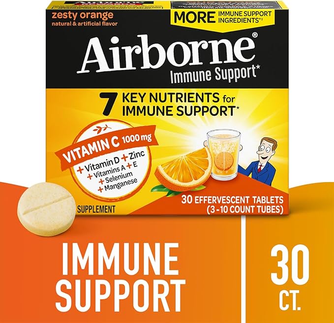Airborne 1000mg Vitamin C + Zinc Sugar Free Multivitamin Immune Support Effervescent Fizzy Drink Tablets Zesty Orange Flavor with Powerful Antioxidants Vitamins A C &amp E 30 Tablets (3 Pack)