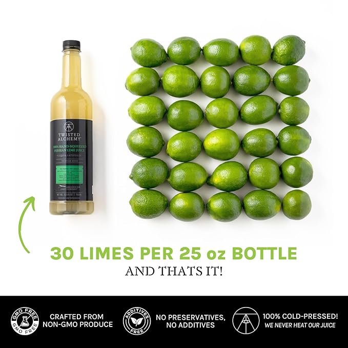 Twisted Alchemy Cold Pressed Fresh Juice For Craft Cocktails - Fresh All Natural Hand Squeezed Lime Juice Cocktail Mixer - (25 Oz Bottle Pack Of 3) - Preservative Free Non-GMO 100% Pure -