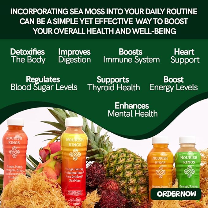 Nourish Kings- Sea Moss drink with Soursop Ginger &amp Orange juice No Added Sugars or Preservatives 12 pack of 15.2 Fl oz Bottles
