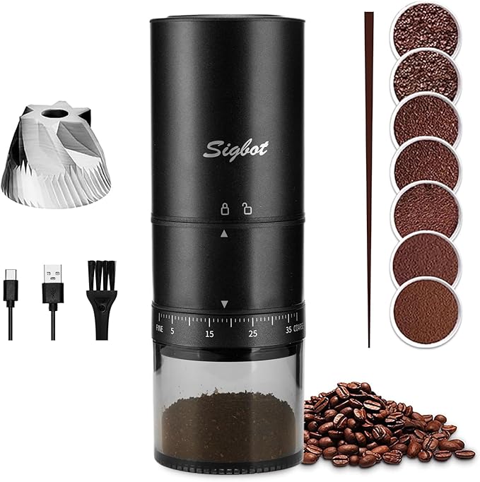 Portable Electric Coffee Grinder - 38 Grind Settings Conical Burr &amp Black Stainless Steel Body Rechargeable Mill for Espresso Moka Pot Turkish Ideal for Camping and Travel