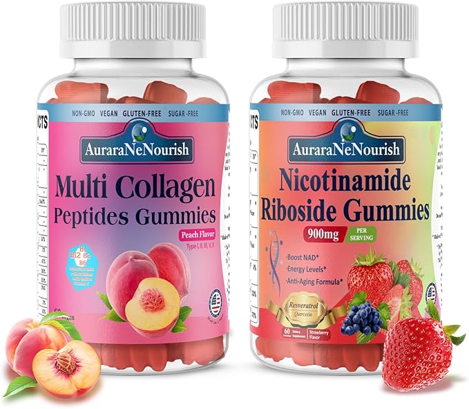 2 Pack Multi Collagen Peptides Peach Gummies &amp Nicotinamide Riboside Gummies Sugar-Free for Women Men