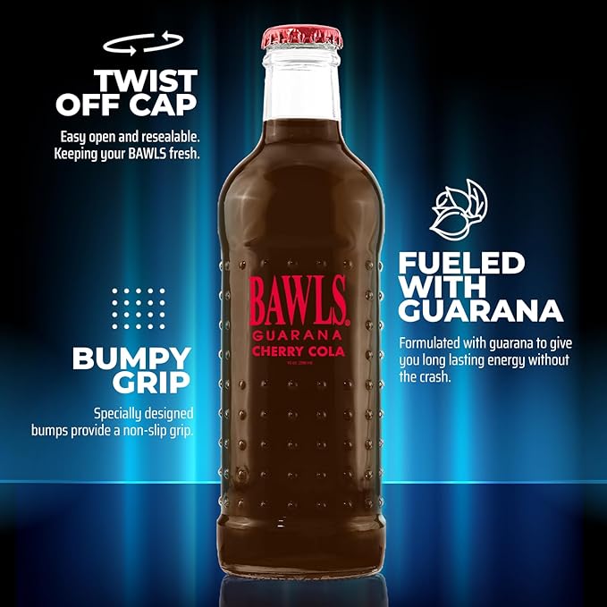 BAWLS Guarana Cherry Cola BAWLS Guarana Drink Guarana Soda Guarana Fueled Soda for Energy High Energy Caffeinated Drink 10oz 12 Pack Glass Bottles