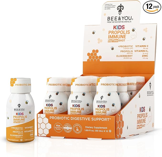 Bee and You Kids Propolis Immune Day Time Shot - Probiotic Vitamin C Vitamin D3 Zinc Immune Support Gut Health Digestive Health 1.69 Fl. oz 12 Pack