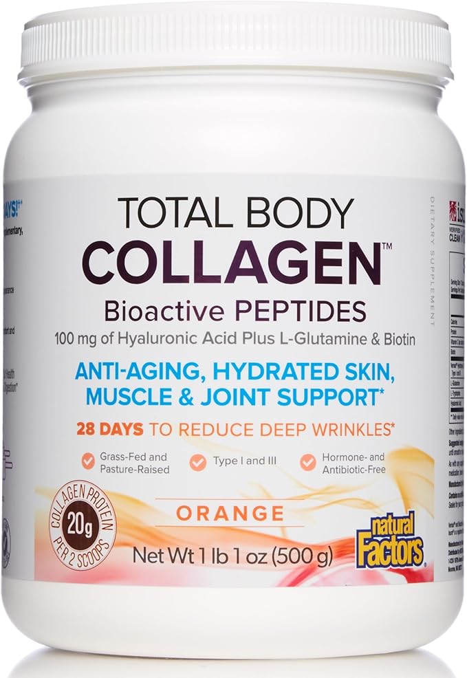 Natural Factors Total Body Collagen Bioactive Peptides Powder for Healthy Skin Hair &amp Joints Orange