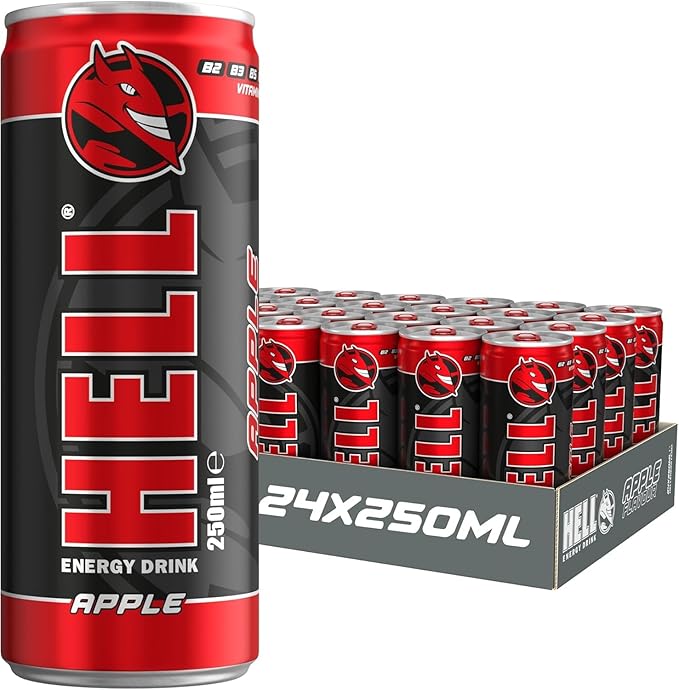 A.I. Energy Drink | 32 mg/100 ml Caffeine | Vitamins B3 B5 B6 B12 | No Preservatives | Environmentally Friendly Packaging | 24 x 250ml | Compatible with HELL Energy (250ML HELL-APPLE)