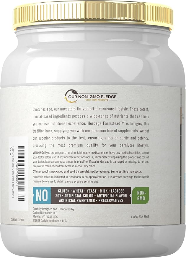 Carlyle Grass Fed Collagen Peptides Powder 20oz | Unflavored | Pasture Raised | Types I &amp III | 20g of Collagen Per Daily Dose | Non-GMO Gluten Free | by Herbage Farmstead