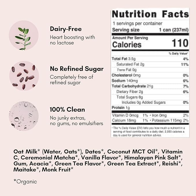 Pop &amp Bottle Oat Milk Lattes - Matcha with Reishi and Maitake Mushrooms Green Tea Latte MCT Oil Organic Dairy Free Gluten Free Lightly Sweetened with Dates - Matcha 8 Fl Oz (12 Pack)