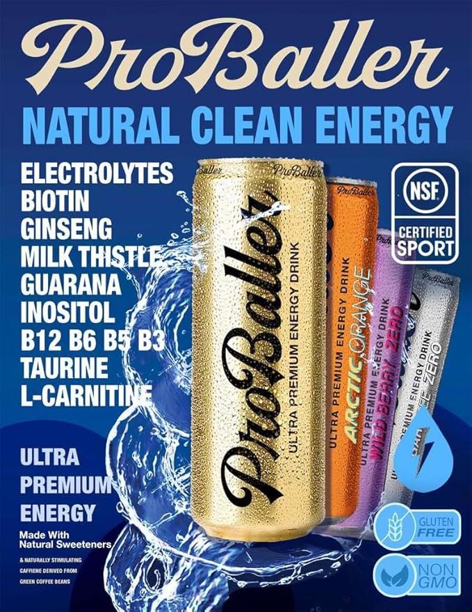ProBaller Clean Energy Drink - Athlete-Grade Energy for Focus &amp Performance Zero Sugar NSF Certified for Sport Natural Caffeine Biotin Electrolytes Amino Acids &amp B Vitamins - Blue Raspbe