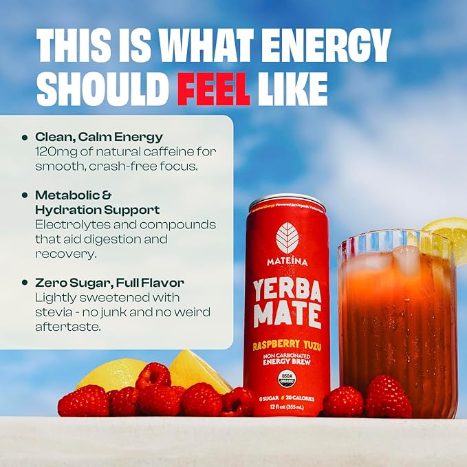 Mateina Yerba Mate Zero Sugar Energy Drink – 120mg Natural Caffeine – Organic Non-GMO Non-Carbonated – Dr. Andrew Huberman Recommended – (12 fl oz Cans 12 Pack) Raspberry Yuzu