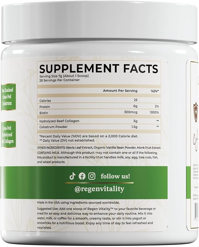 Grass-Fed Colostrum &amp Collagen Powder | Gut Health Hair Skin &amp Joint Support | New Zealand Bovine Colostrum Hydrolyzed Collagen Peptides 300mcg Biotin | Vanilla Bean | 28 Servings