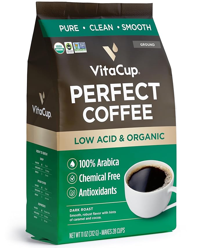 VitaCup Perfect Low Acid Coffee Beans 11oz &amp Perfect Low Acid Ground Coffee 11 oz Bundle | Dark Roast USDA Organic &amp Fair Trade Mycotoxin Free Single Origin