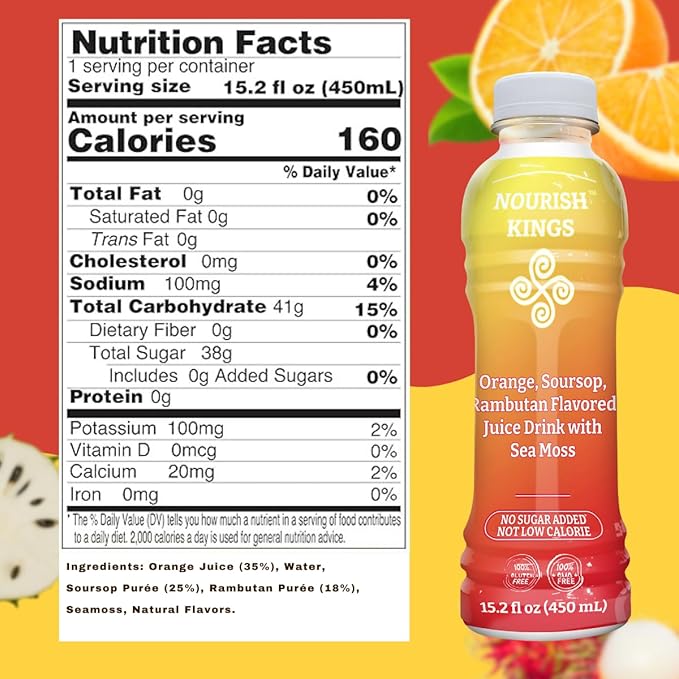 Nourish Kings- Sea Moss drink with Rambutan Soursop &amp Orange juice No Added Sugars or Preservatives 12 pack of 15.2 Fl oz Bottles