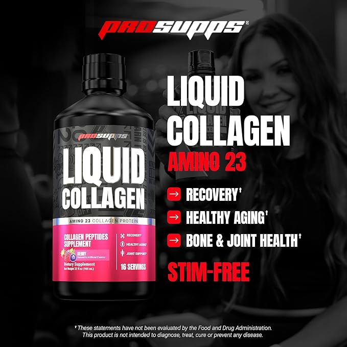 PROSUPPS Amino23 Liquid Collagen Shots Berry - Collagen Peptide Post Workout Supplement Supports Healthy Aging Joints Skin &amp Hair - Gluten-Free &amp Zero Sugar - 16 Servings