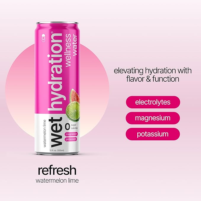 Wet Hydration | Functional Wellness Water Non-Carbonated - Watermelon Lemon Lime (12 Ounce Cans Pack of 12) - Flavored Water Hydration Drink No Sugar No Artificial Ingredients Zero Calories